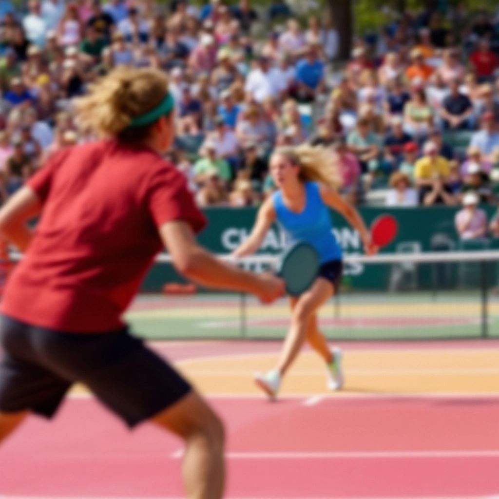 Players engaged in intense pickleball action on the court.