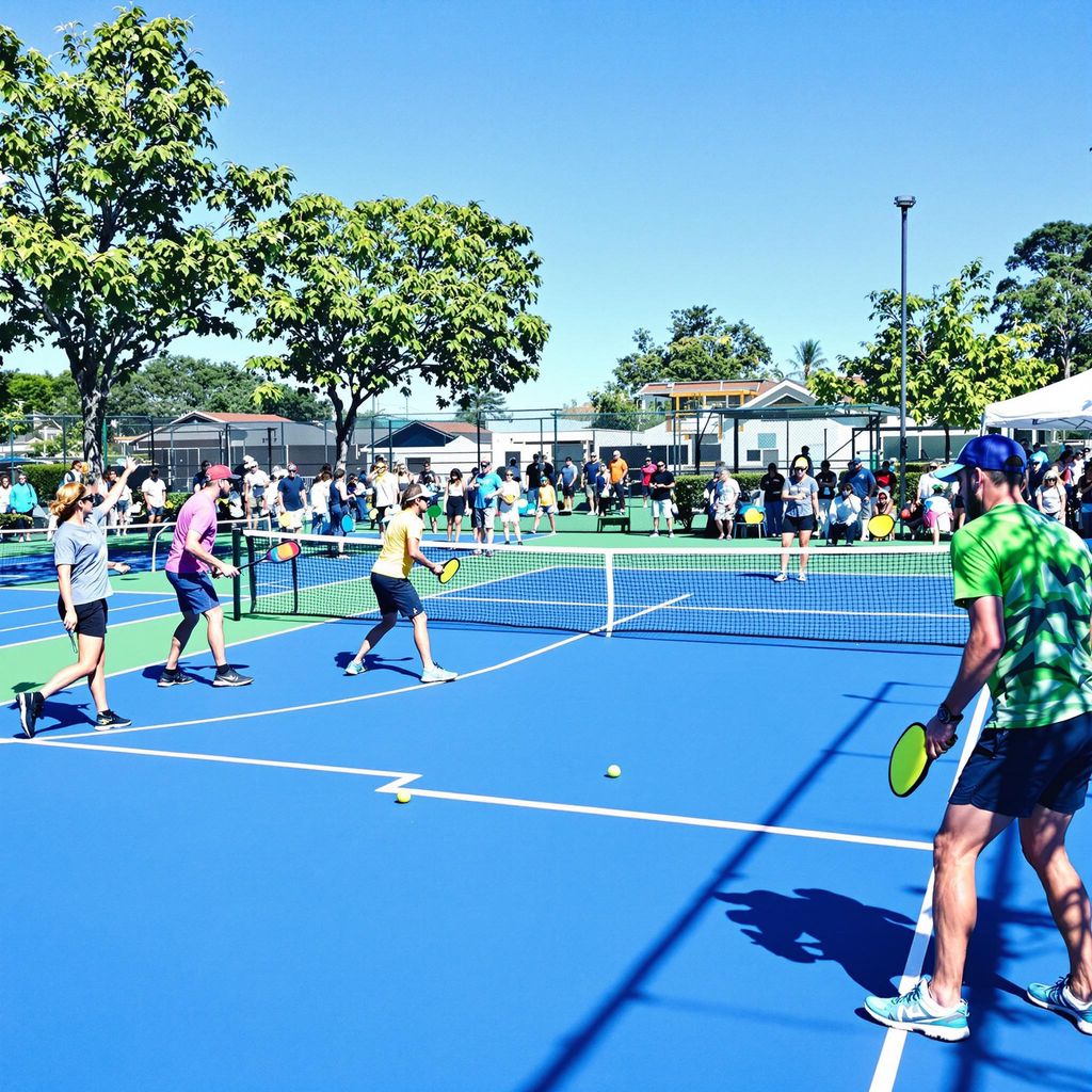 Players on a colorful pickleball court during a match.