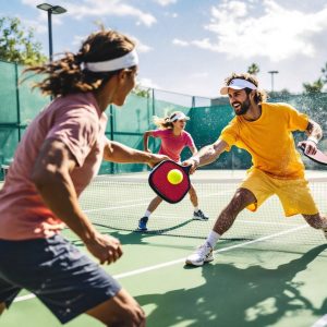 Players demonstrating pickleball techniques on a vibrant court.