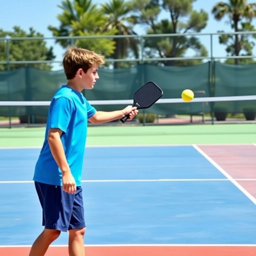 Person serving a pickleball on a sunny court.