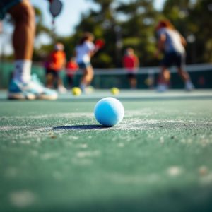 Players competing on a pickleball court with a ball.