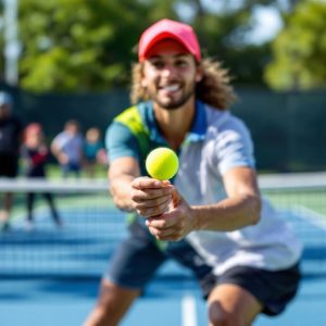 Pickleball player serving with a ball in hand.