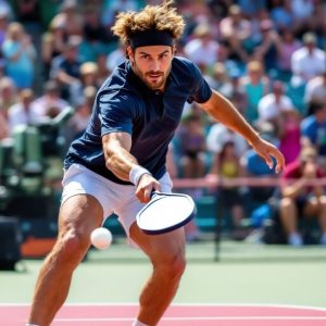 Player executing a drop shot in pickleball game.