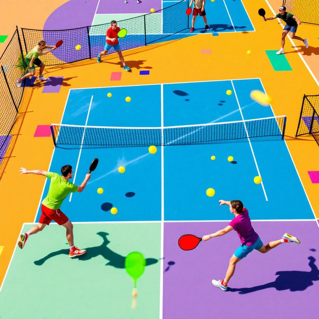 Players performing different pickleball shots on the court.