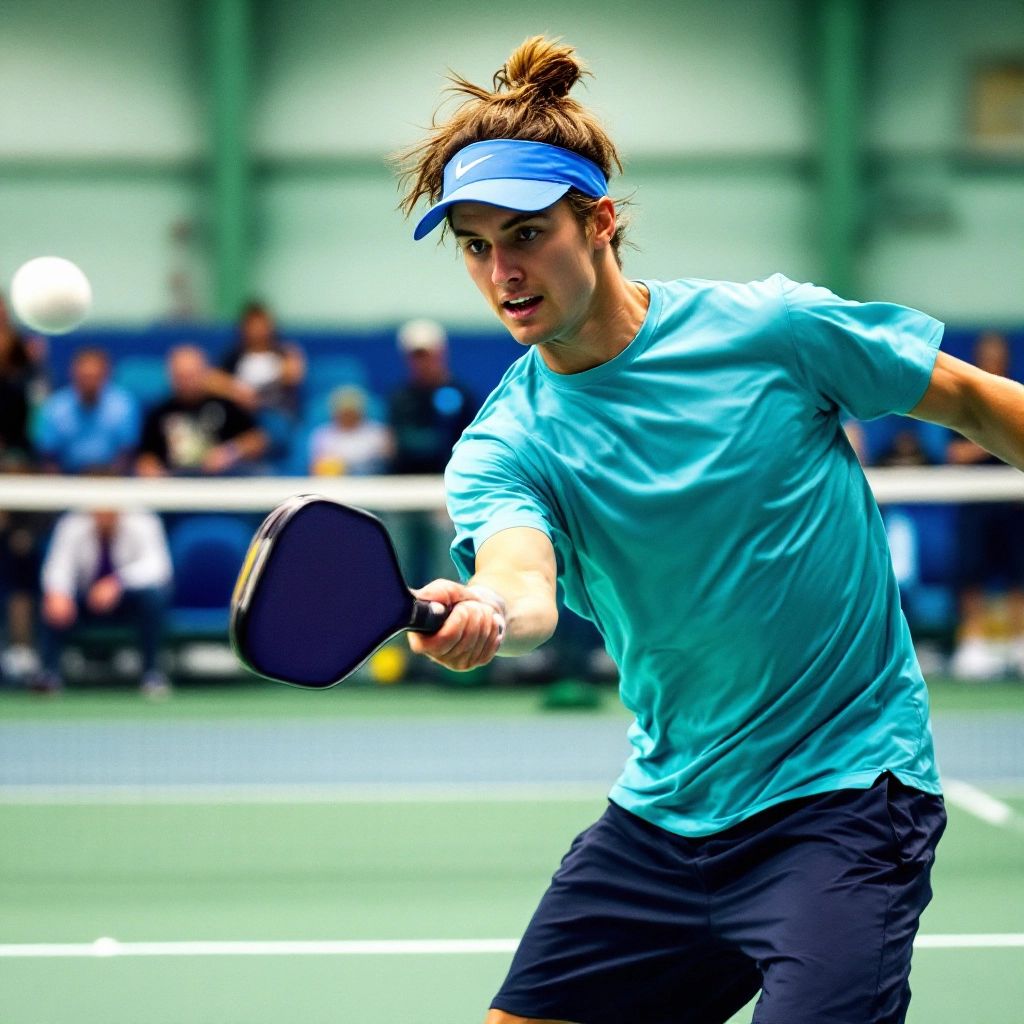 Pickleball player hitting the ball on a court.