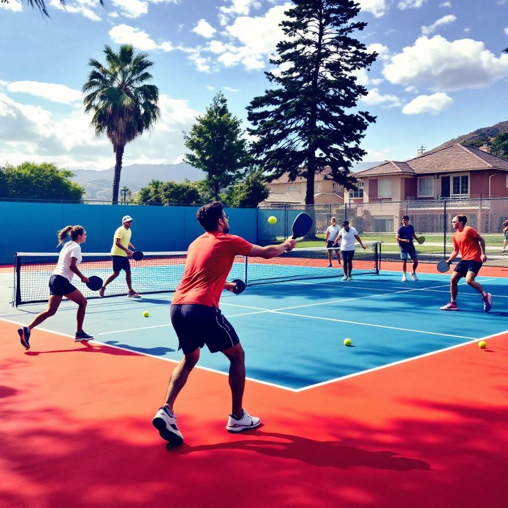 Players enjoying pickleball on a sunny outdoor court.