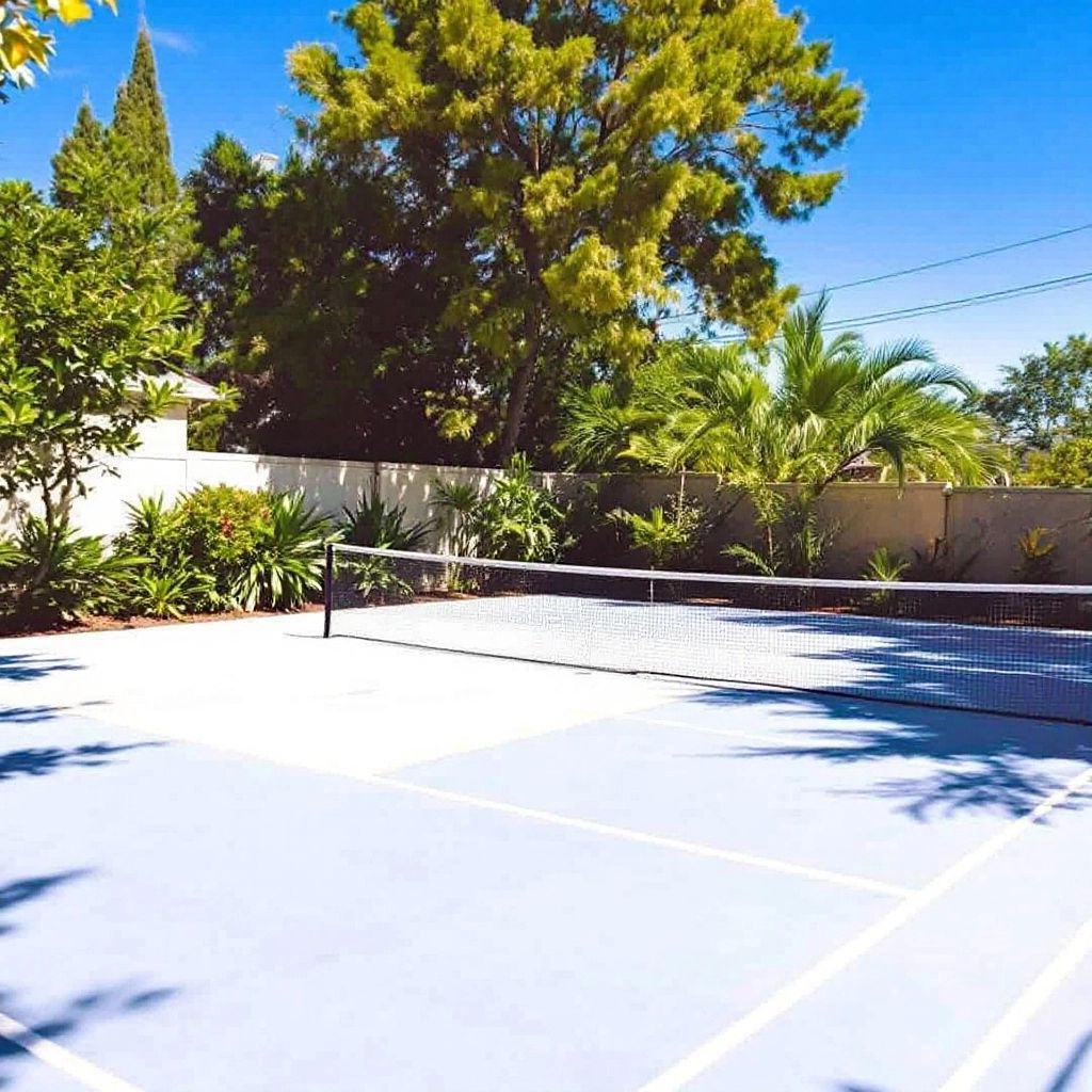 Backyard pickleball court with net and greenery.