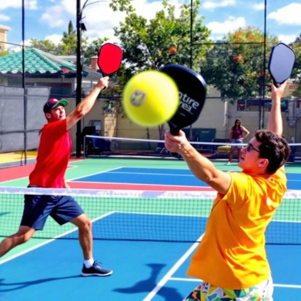 Two players serving in a pickleball match on court.