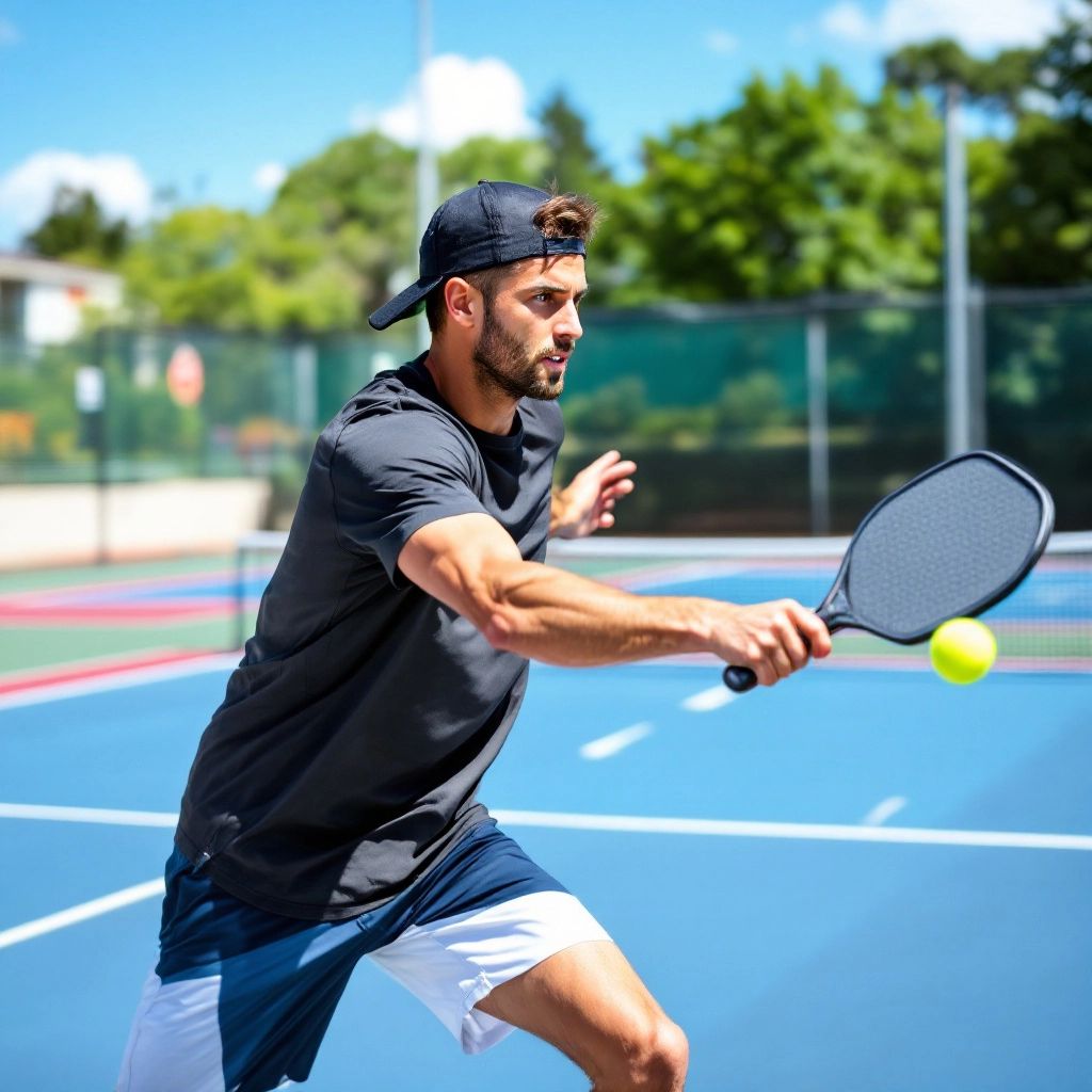 Pickleball player hitting a ball on a sunny court.