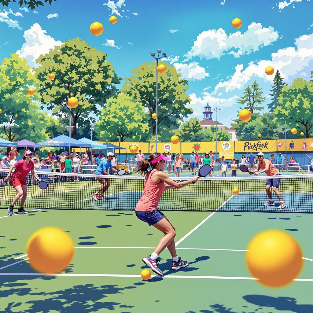 Players engaged in a lively pickleball game on court.