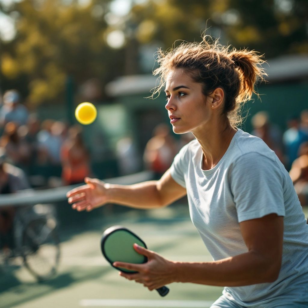 Player serving in pickleball game on outdoor court.