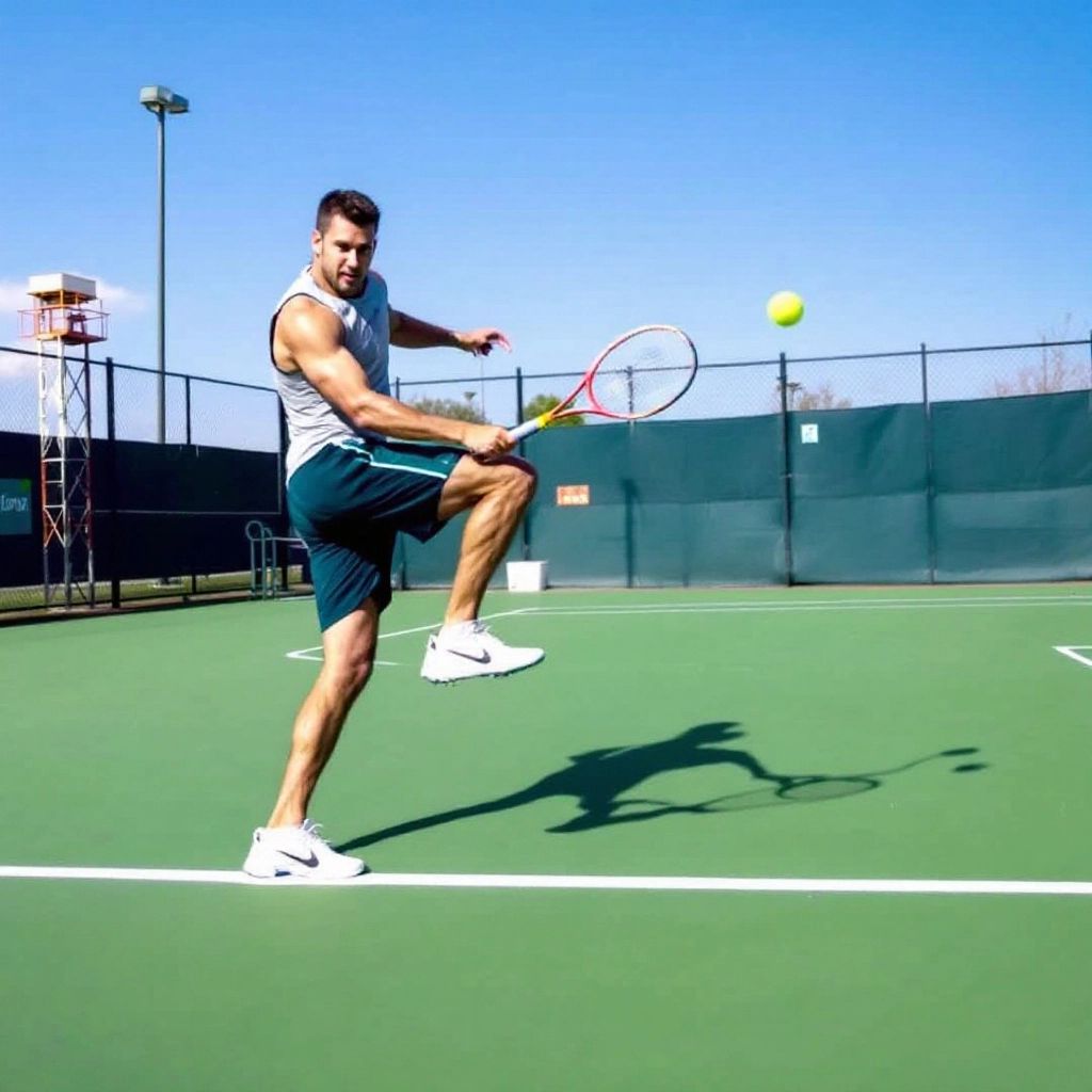 Tennis player practicing footwork on a court.