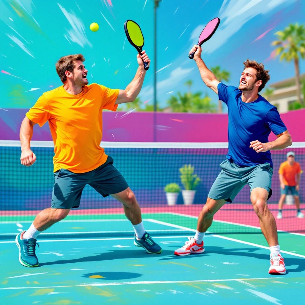 Players hitting pickleball shots on a colorful court.