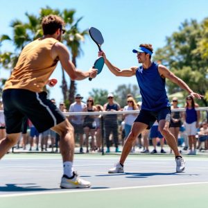 Players competing in a lively pickleball match outdoors.