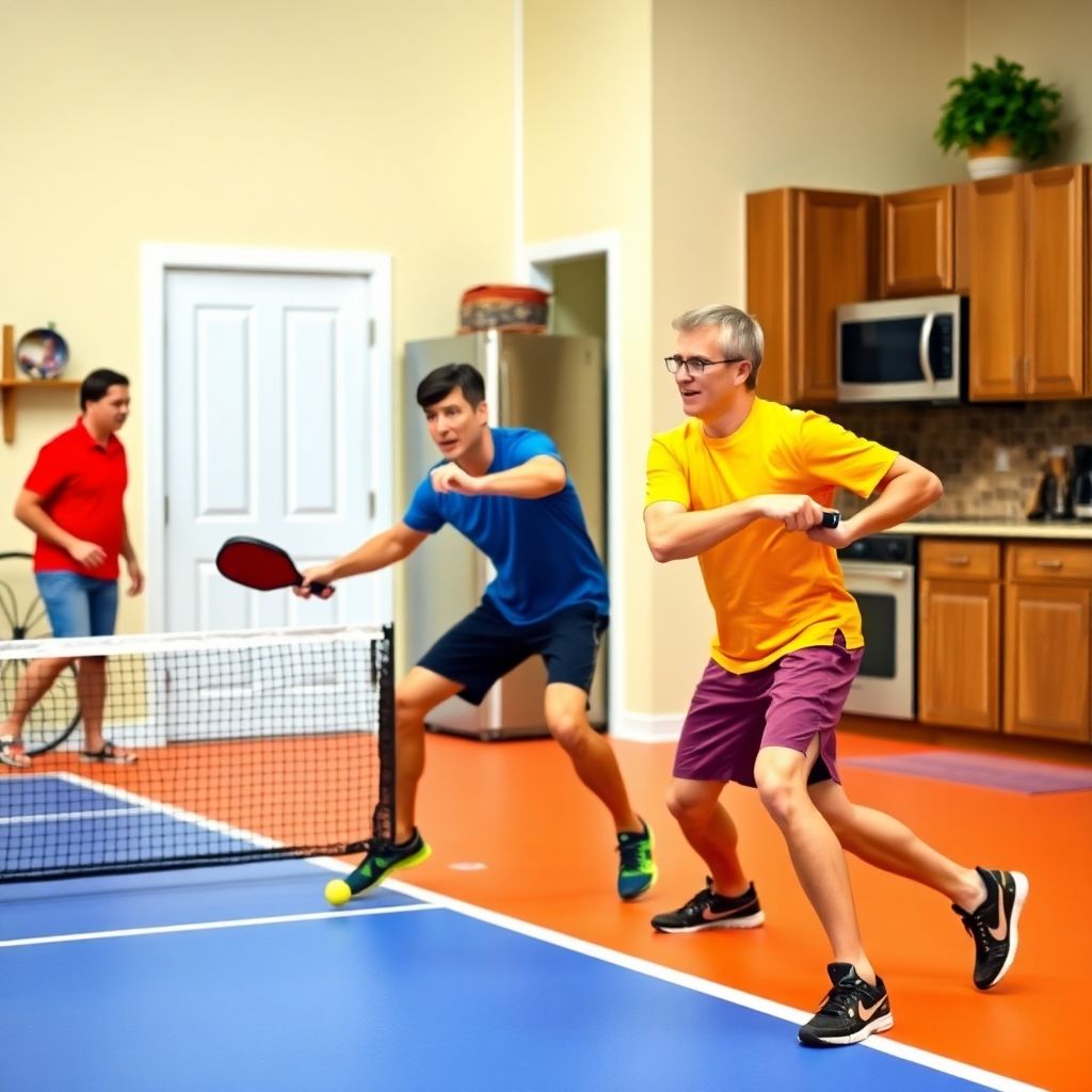 Players positioned near the kitchen in a pickleball game.