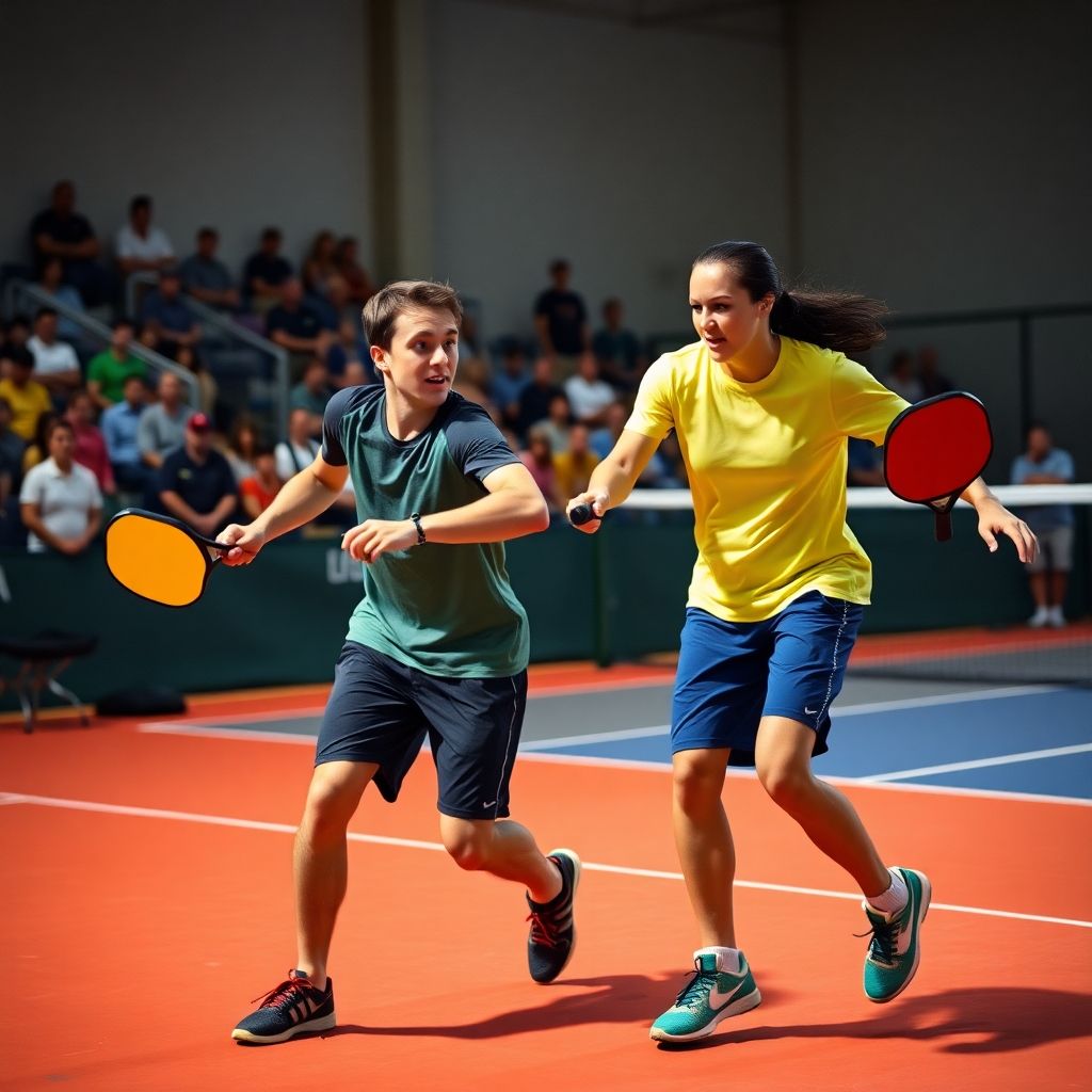 Two players competing in a pickleball match on court.