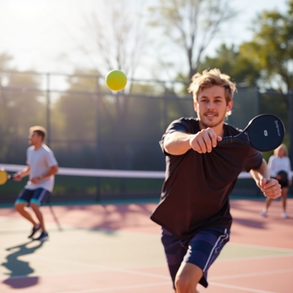 Players serving pickleball on a sunny court.