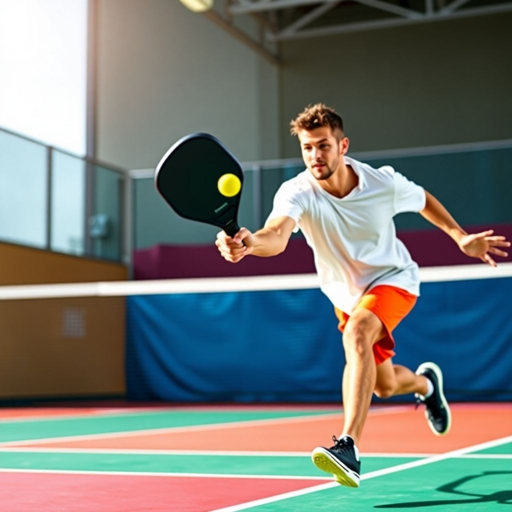 A player serving on a colorful pickleball court.