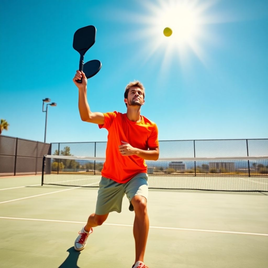 Pickleball player serving on a sunny outdoor court.