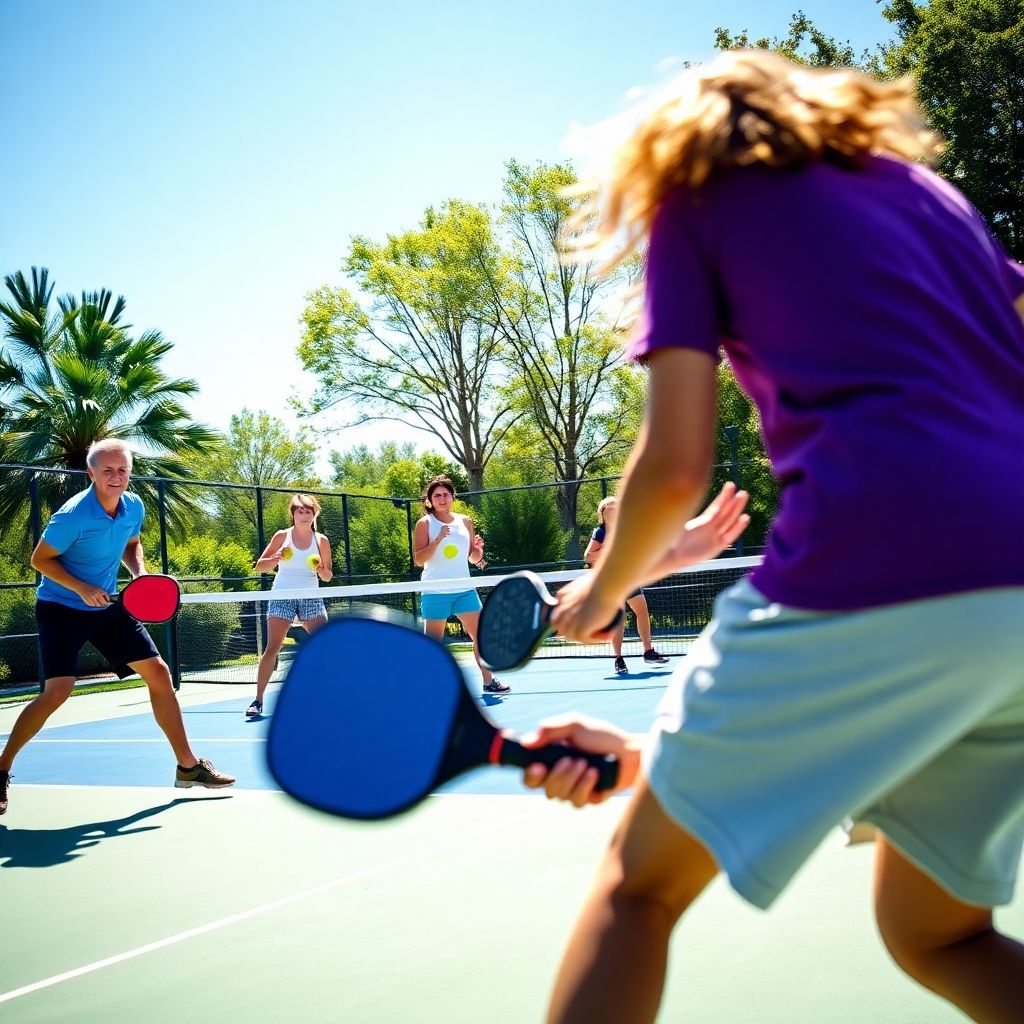 Players competing in a lively pickleball match outdoors.