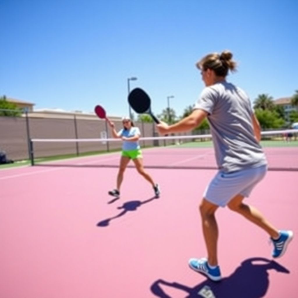 Players hitting pickleball on a sunny outdoor court.