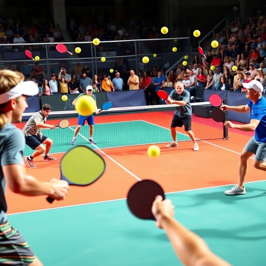 Players performing different shots in a pickleball match.