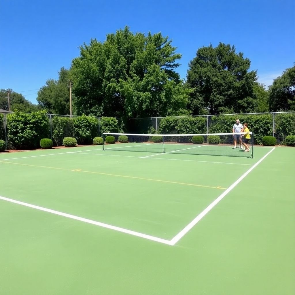 A backyard pickleball court with net and boundaries.