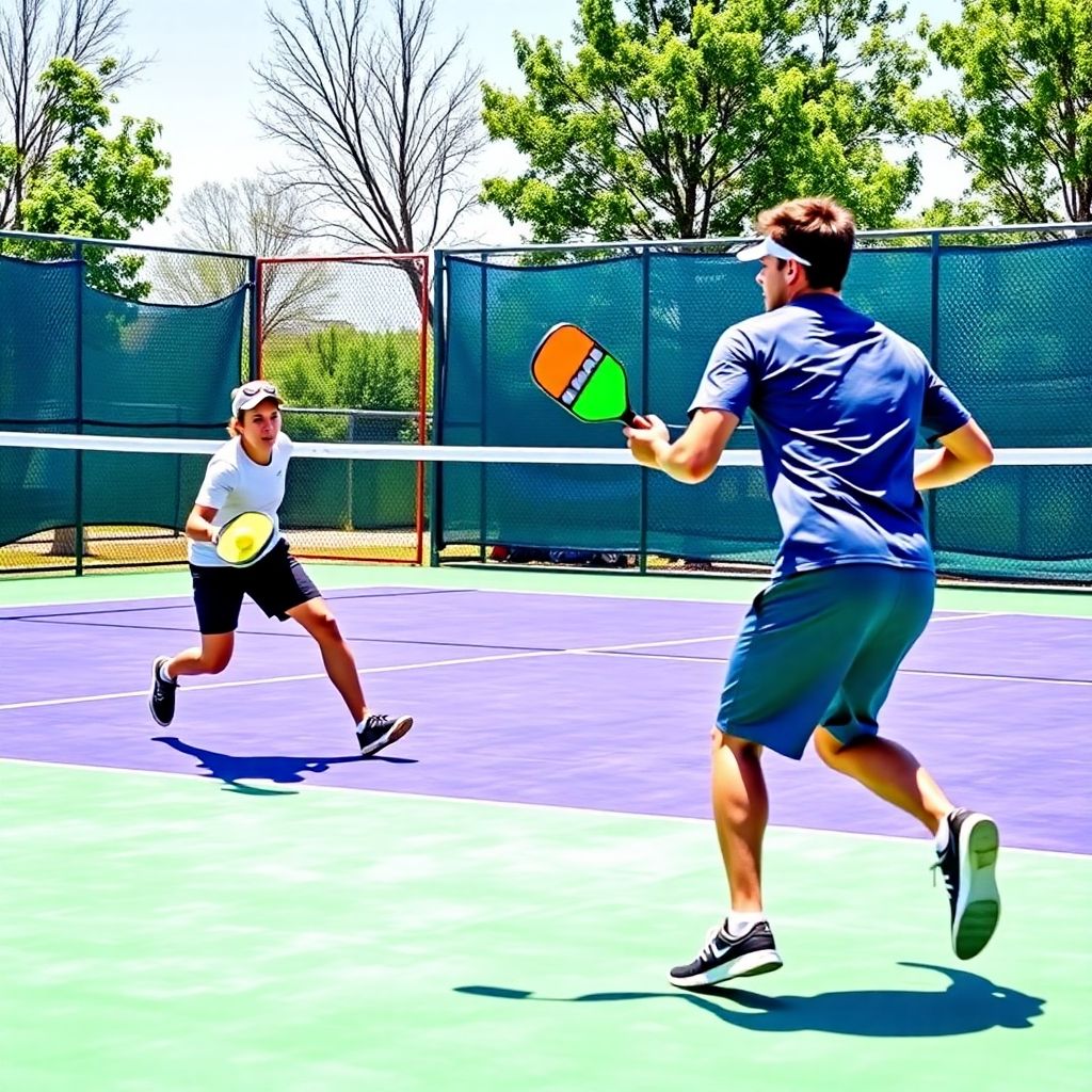 Pickleball players in action on a colorful court.