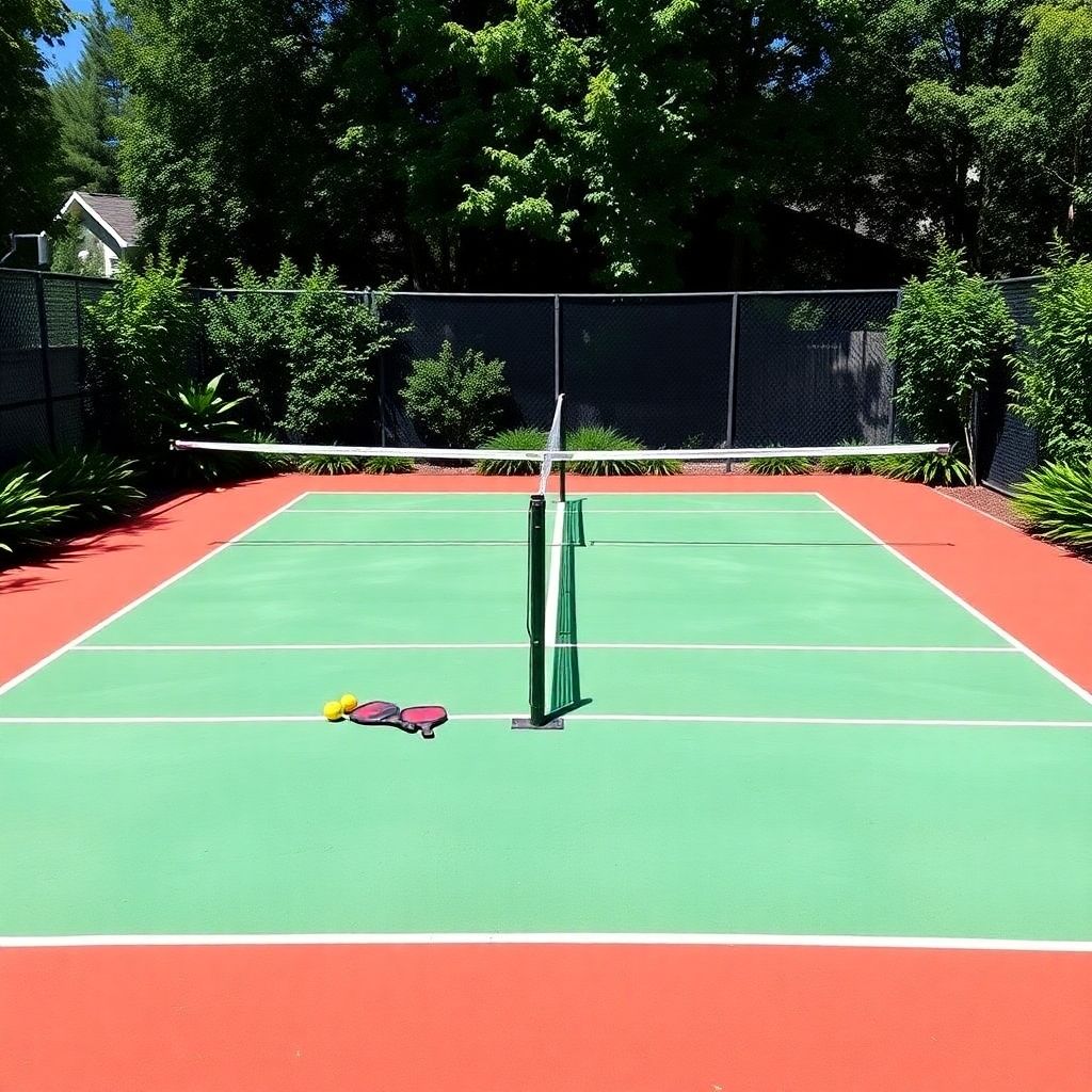 Backyard pickleball court with net and paddles.