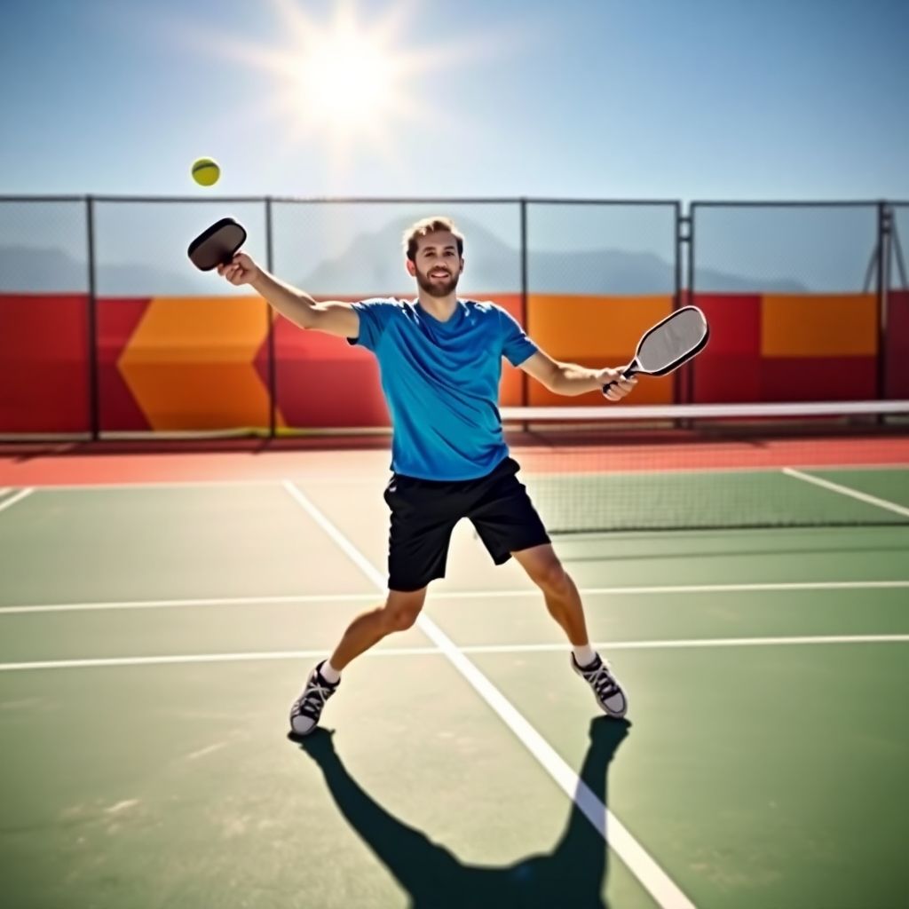 A player serving a pickleball on the court.