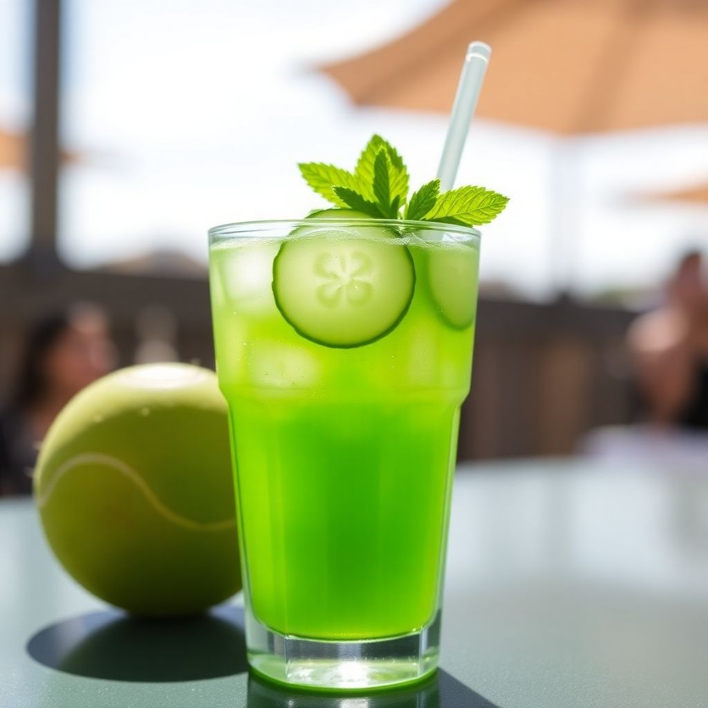 Refreshing pickleball drink with cucumber and mint garnish.