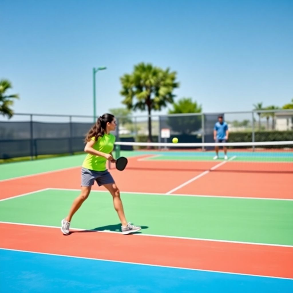 Players engaged in a dynamic pickleball match on court.