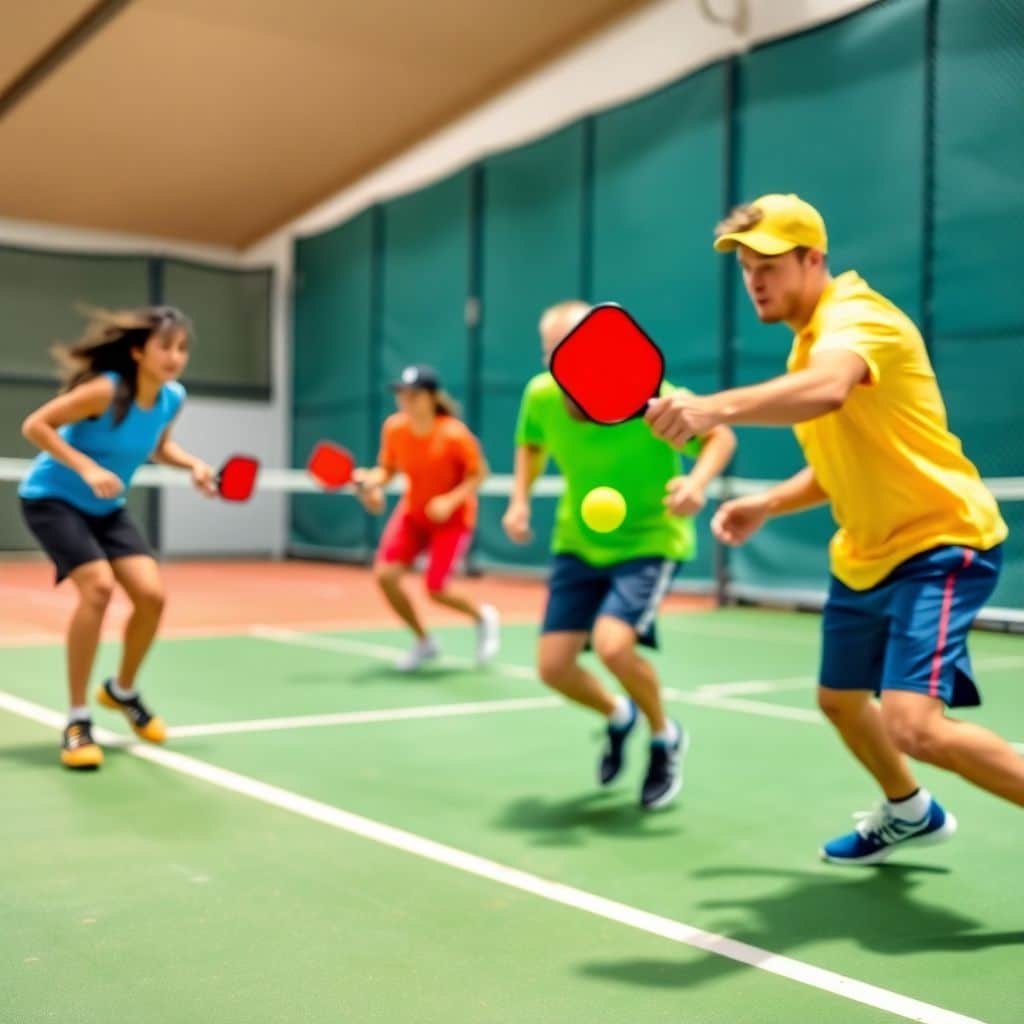 Two players swiftly moving on a pickleball court.