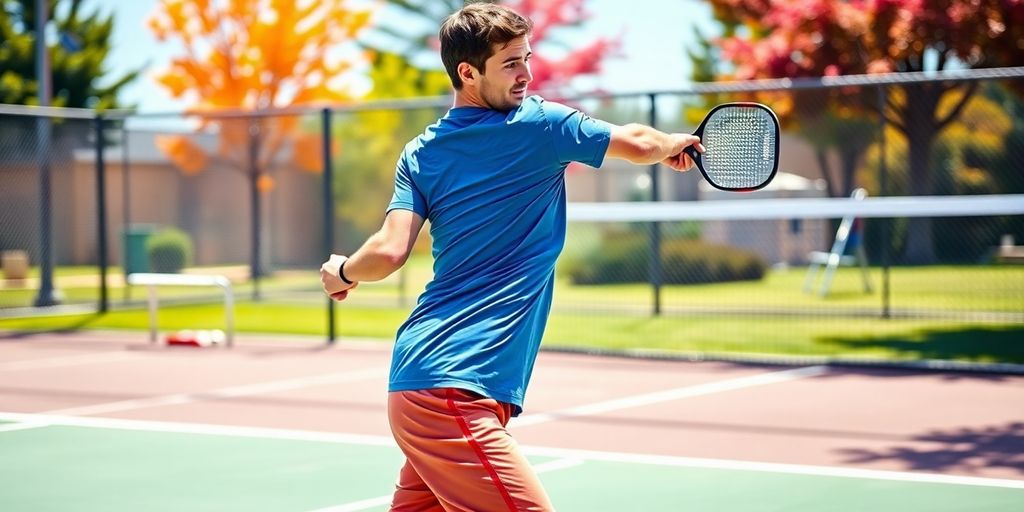 Player executing a backhand shot in pickleball.