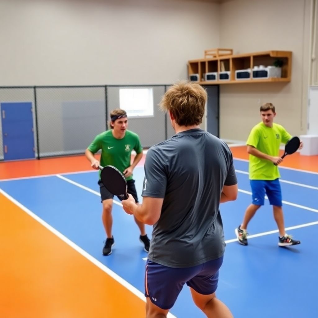 Players engaged in a pickleball match near the kitchen.