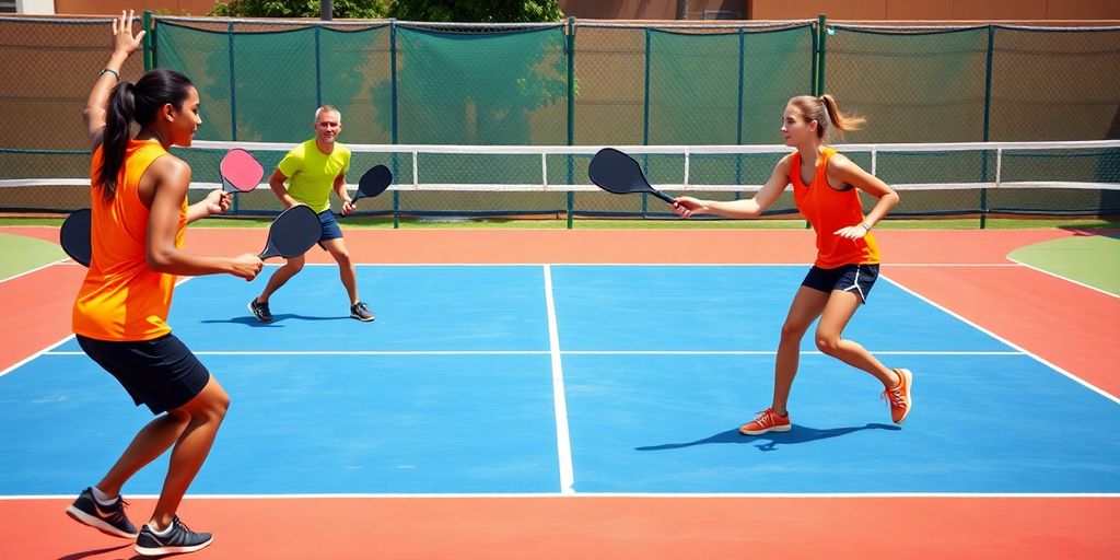 Players in action during an intense pickleball match.