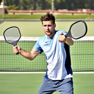 Player serving a pickleball on a sunny court.