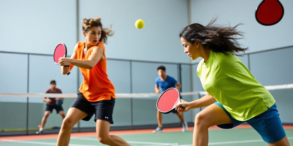 Players intensely competing in a pickleball match.