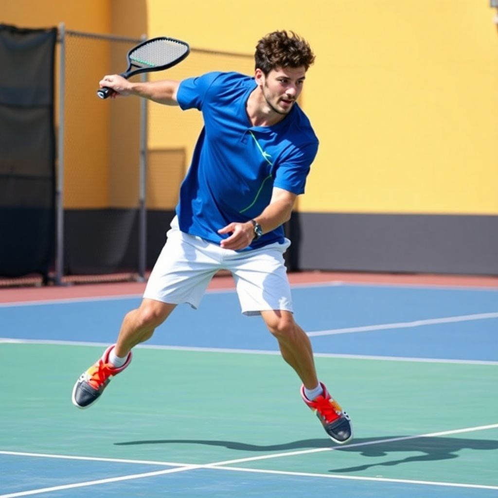 Pickleball player performing a scorpion shot on the court.