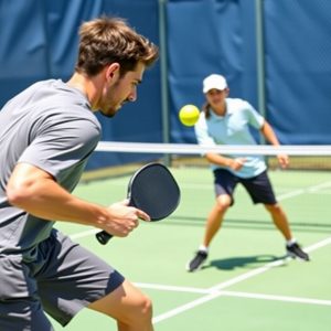 Two players engaged in a competitive pickleball match.