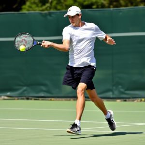 Player executing a drop shot in pickleball game.