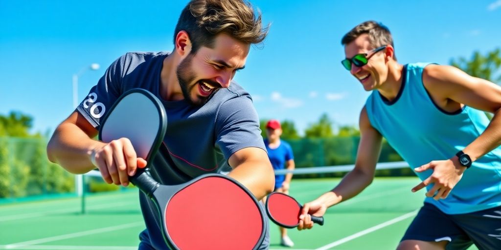 Players engaged in a competitive pickleball match on court.