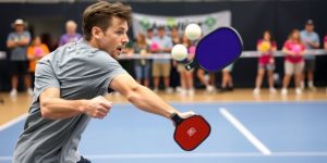 Pickleball player serving on the court.