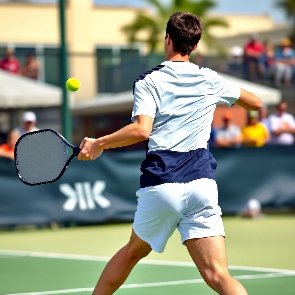 Athlete performing a backhand shot in pickleball.