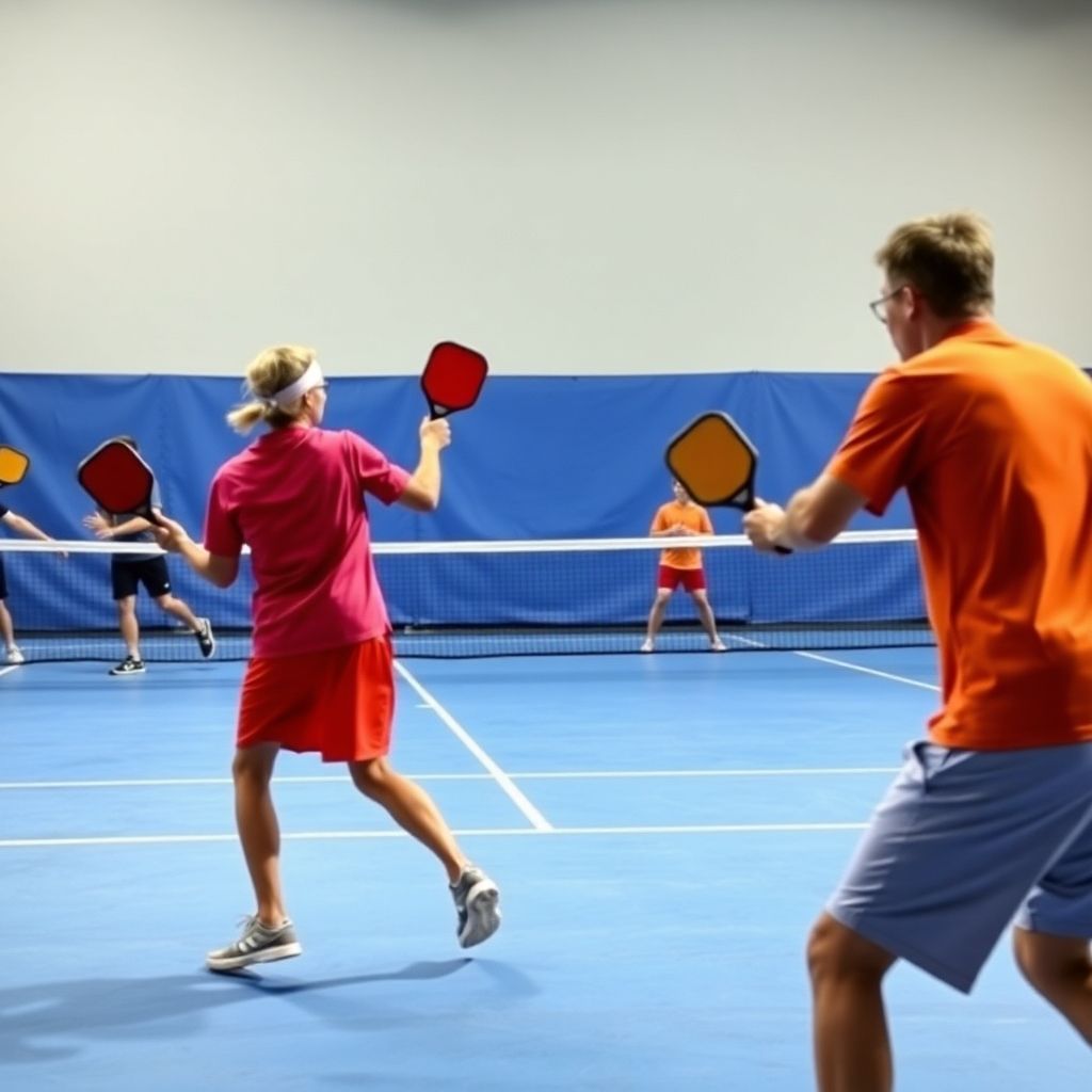 Players executing powerful volley shots in pickleball match.