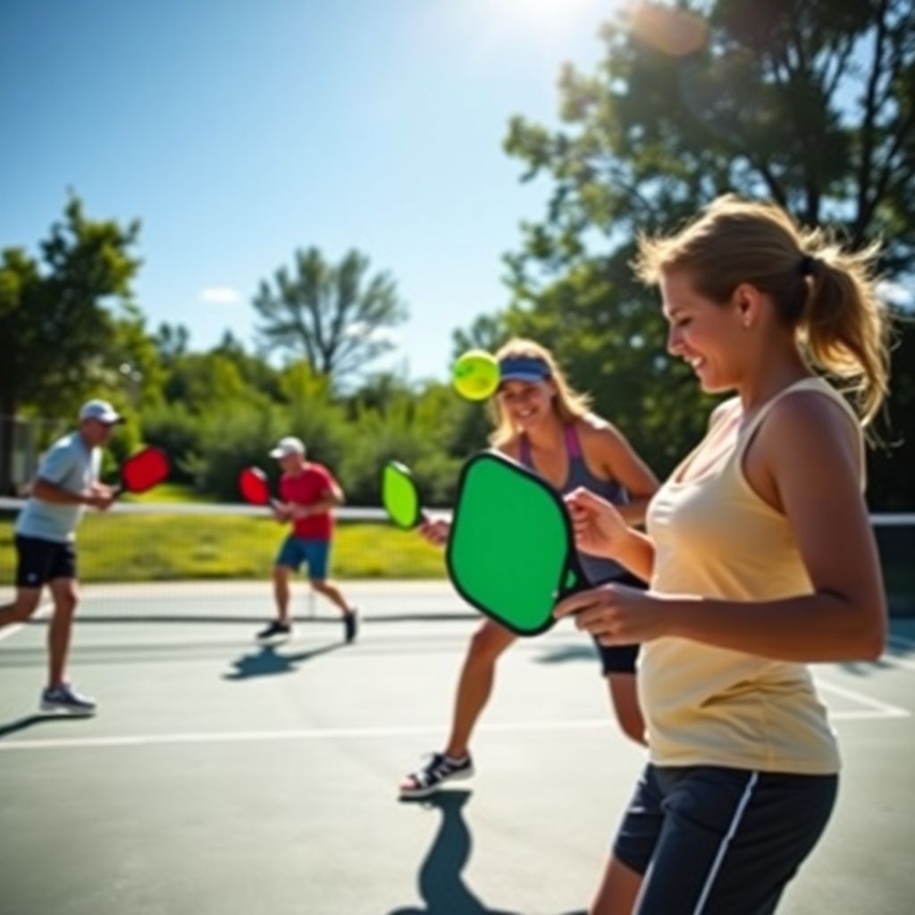 Players competing in an energetic pickleball match on court.