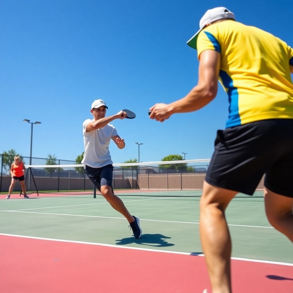 Two pickleball players on court, one hitting the ball.