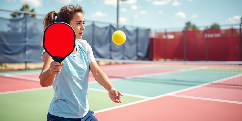 Pickleball player serving on a colorful court.