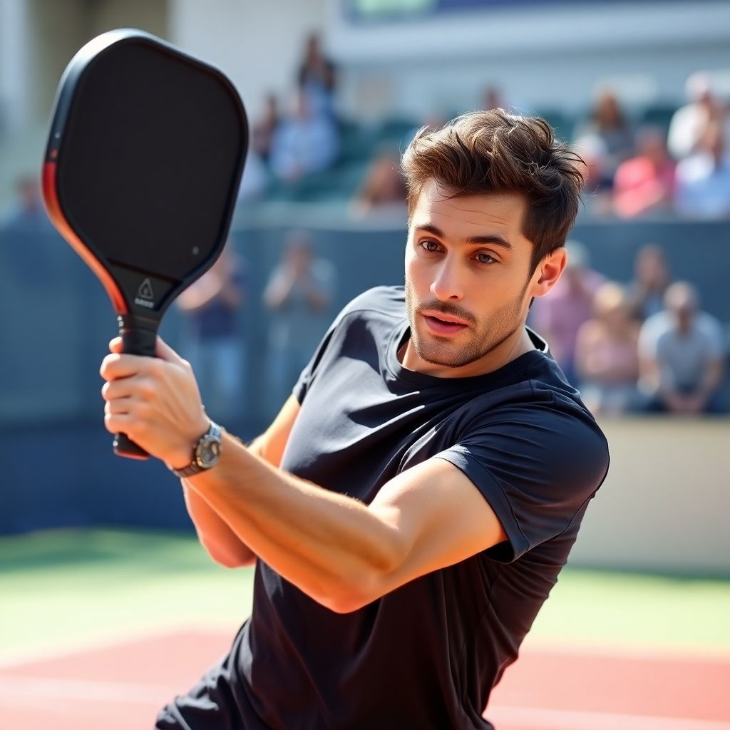 Pickleball player executing a third shot drop on court.