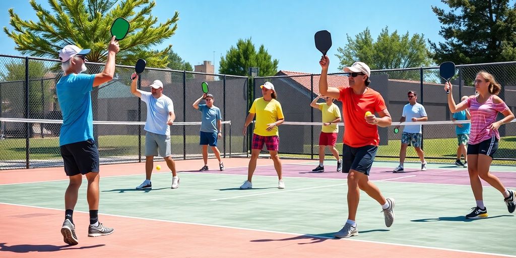 Players practicing pickleball drills on a sunny court.